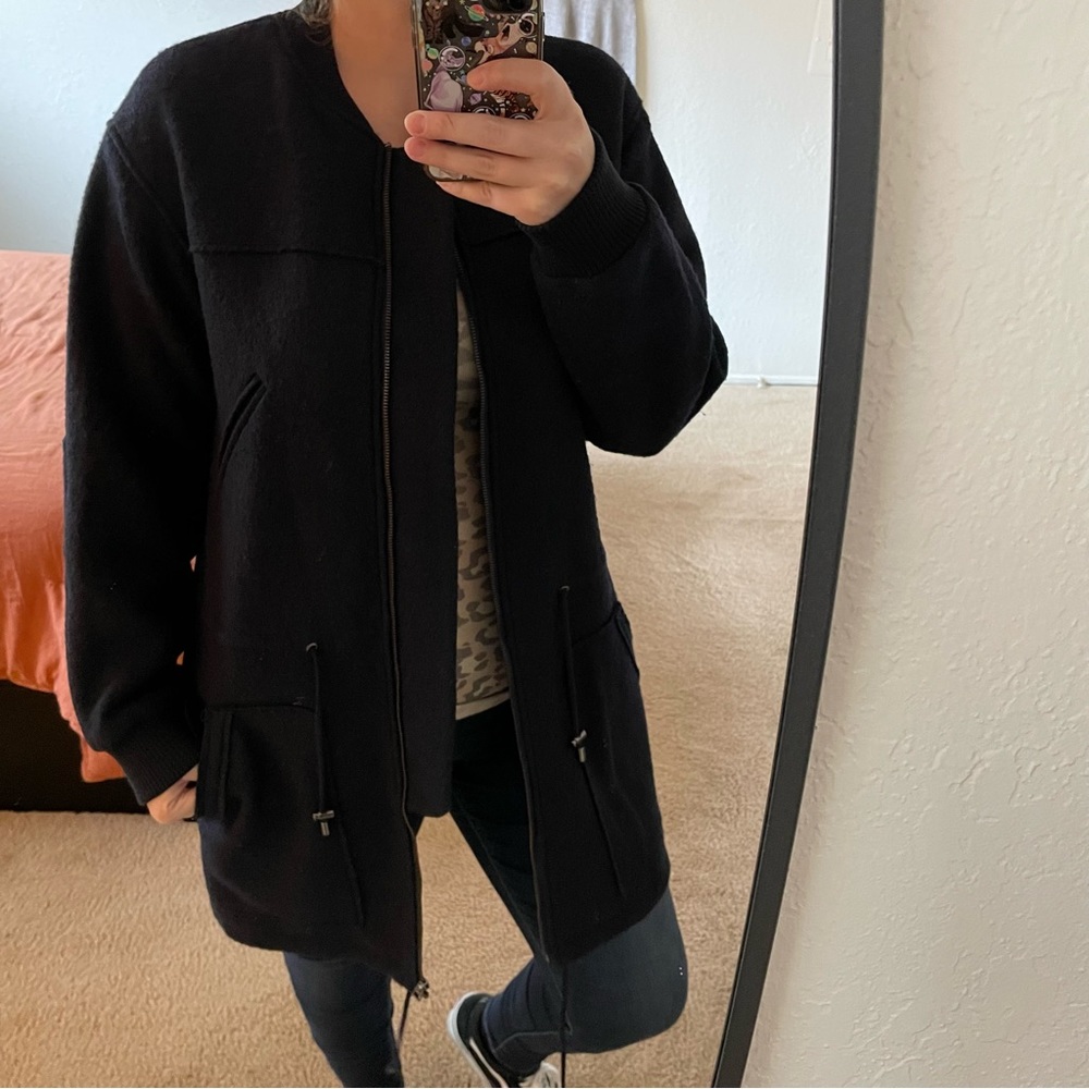 Mango suit navy blue wool coat jacket zip up and drawstring XS - Picture 3 of 11